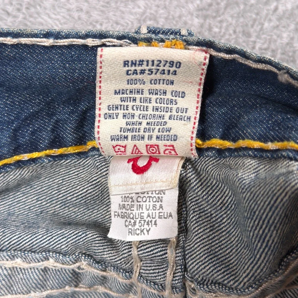 True Religion Jeans Mens 38x34 Ricky Super T Straight Leg Blue Distressed Denim